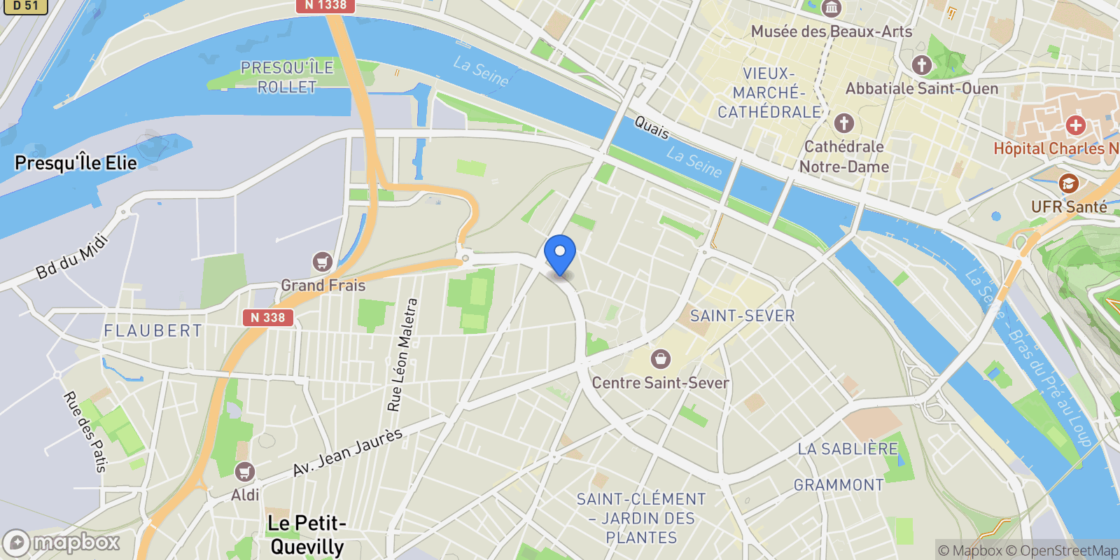 Map showing Rouen, Normandy, France.