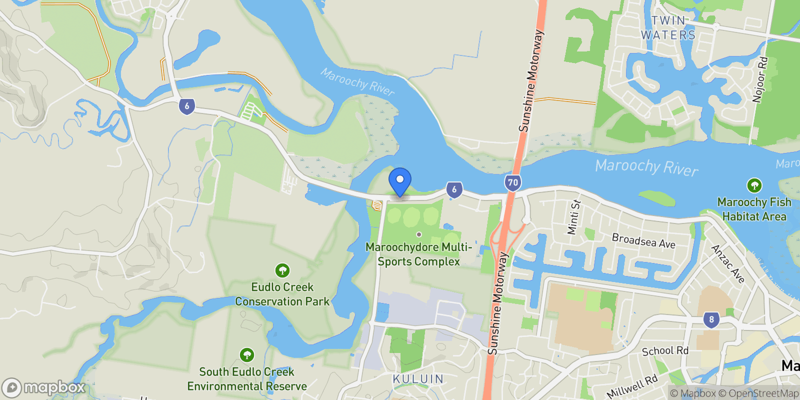 Map showing Bradman Ave Service Rd, Maroochydore QLD 4558, Australia, Maroochydore, Queensland, Australia.