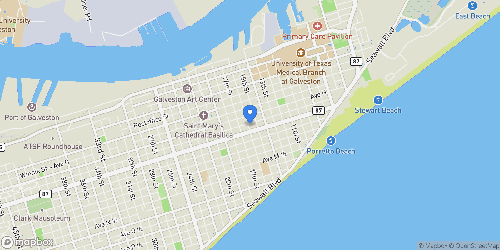 Map showing 902 16th Street, Galveston, Texas, United States.