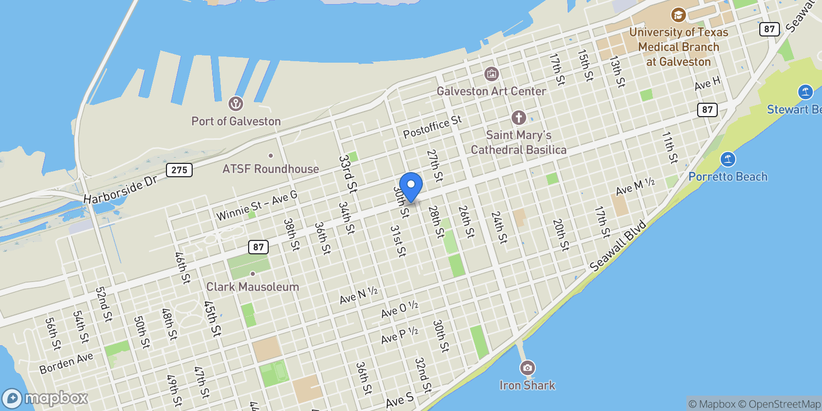 Map showing 2911 Broadway Street, Galveston, Texas, United States.