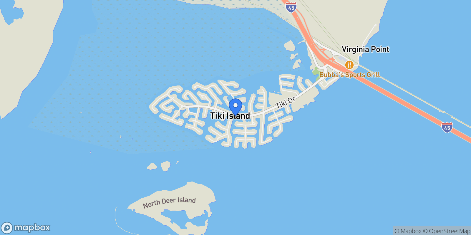 Map showing 1327 Tiki Drive, Galveston, Texas, United States.