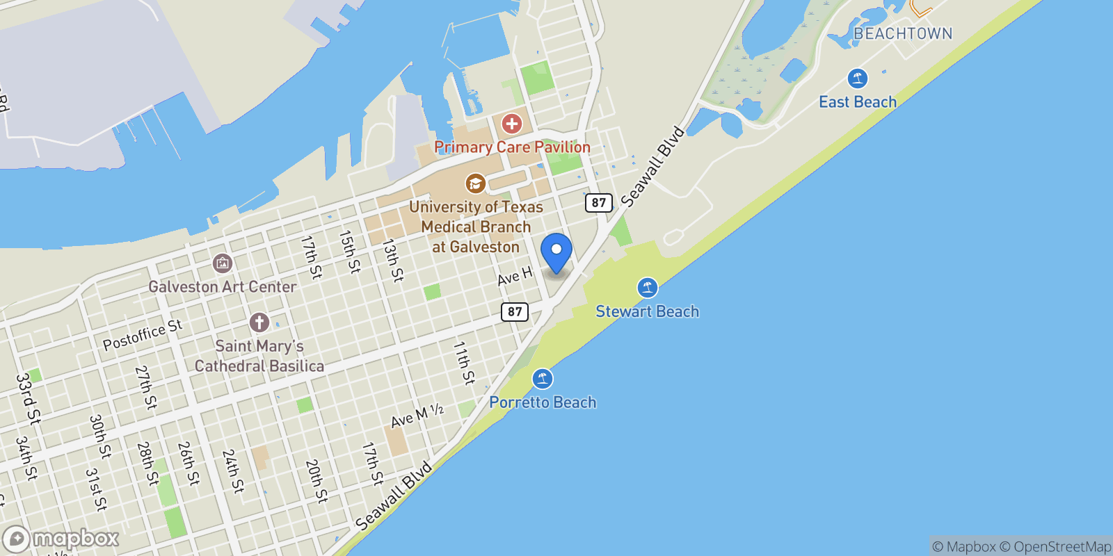 Map showing 500 Seawall Boulevard 1408, Galveston, Texas, United States.