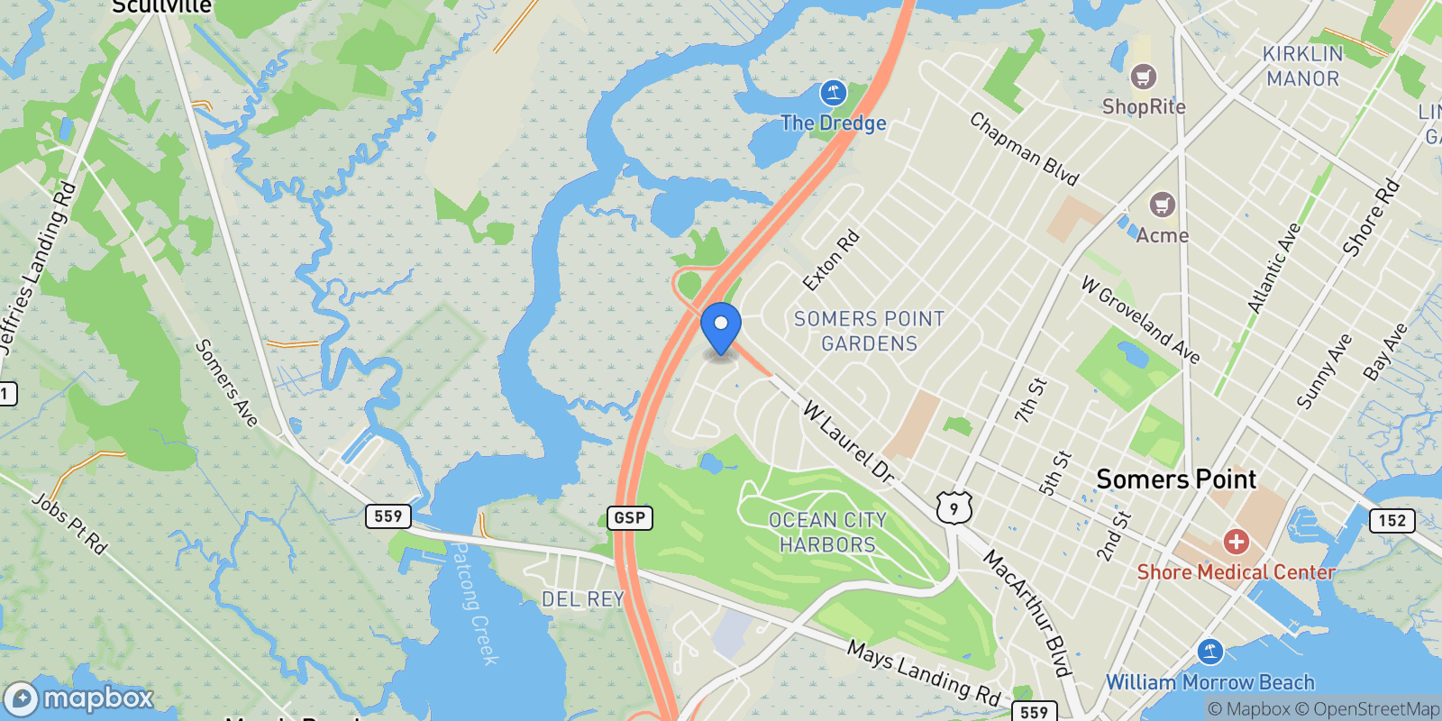 Map showing 13 Gulph Mill Road , Somers Point, NJ 08244, Somers Point, New Jersey, United States.