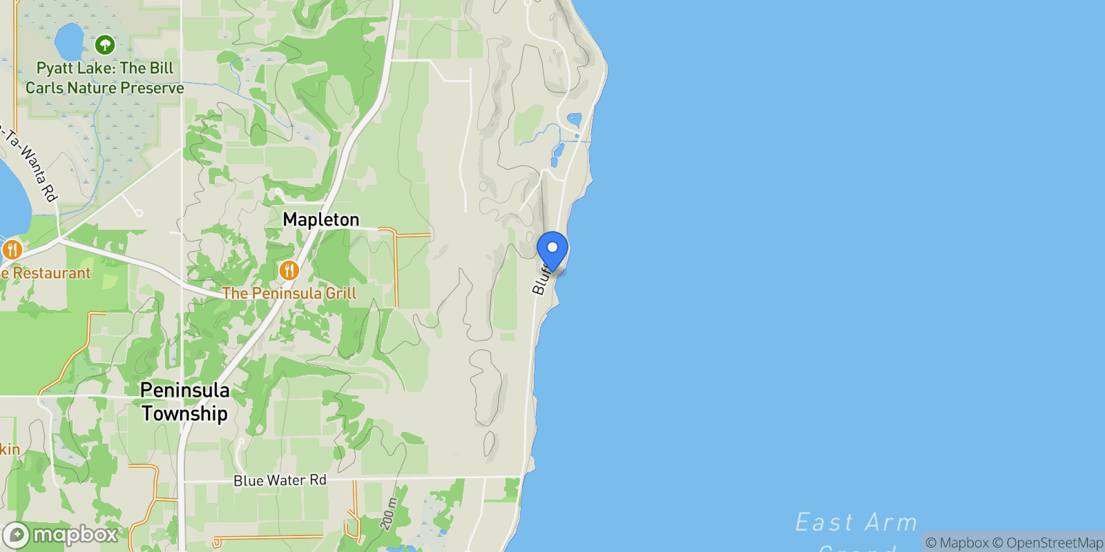 Map showing 14088 Bluff Road, Traverse City, MI 49686, Traverse City, Michigan, United States.