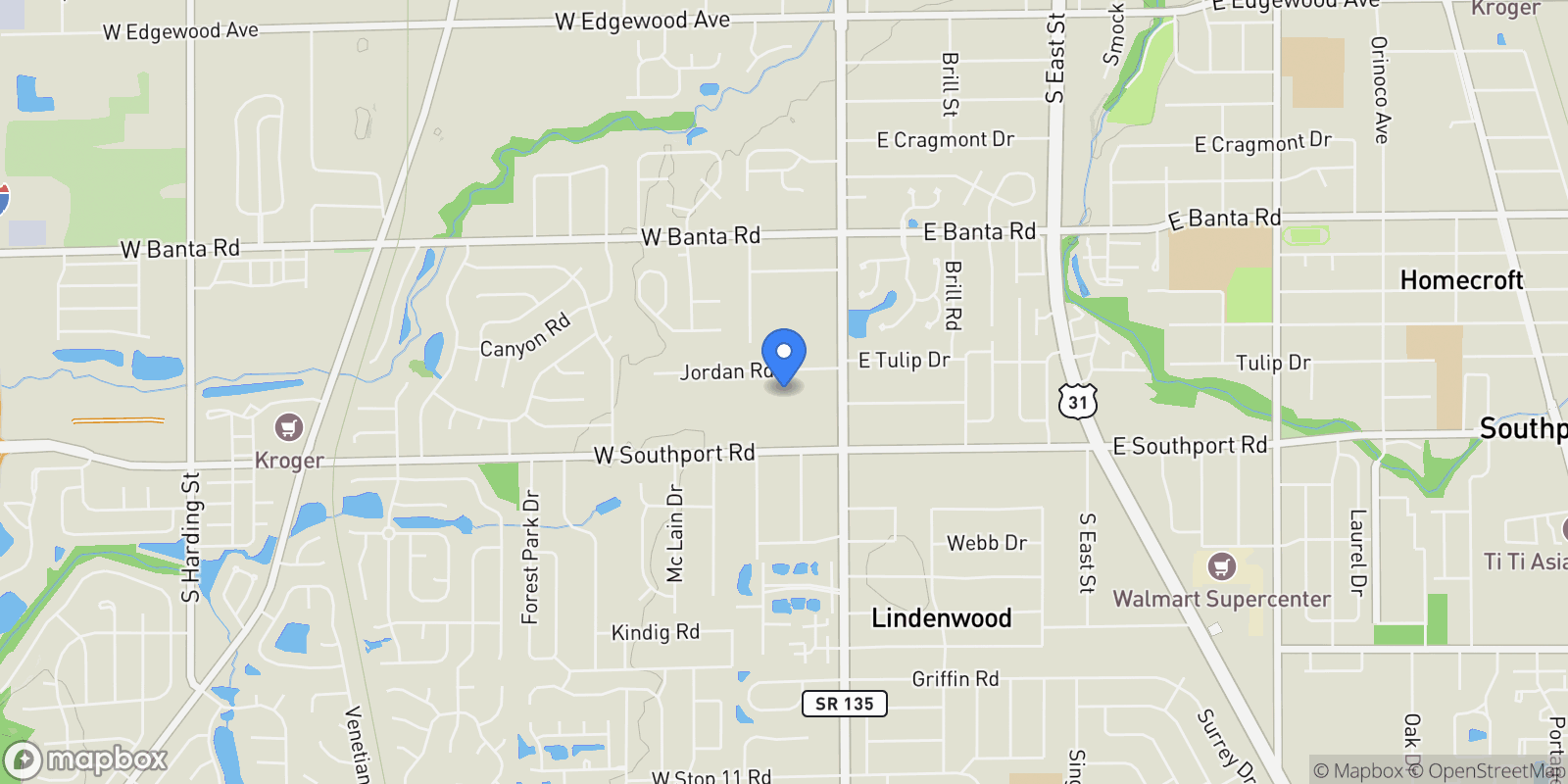 Map showing 115 Jordan Road, Indianapolis, IN 46217, Indianapolis, Indiana, United States.