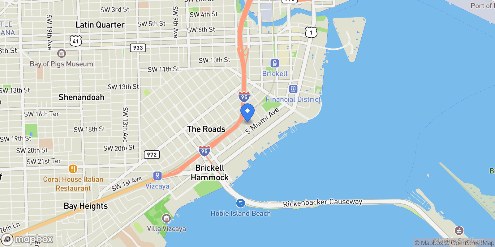 Map showing 45 SW 19th Rd, Miami, FL 33129, Miami, Florida, United States.