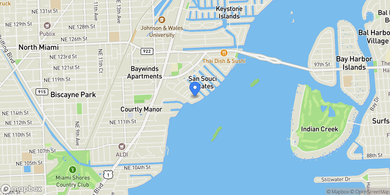 Map showing 11407 N Bayshore Dr, North Miami, FL 33181, North Miami Beach, Florida, United States.
