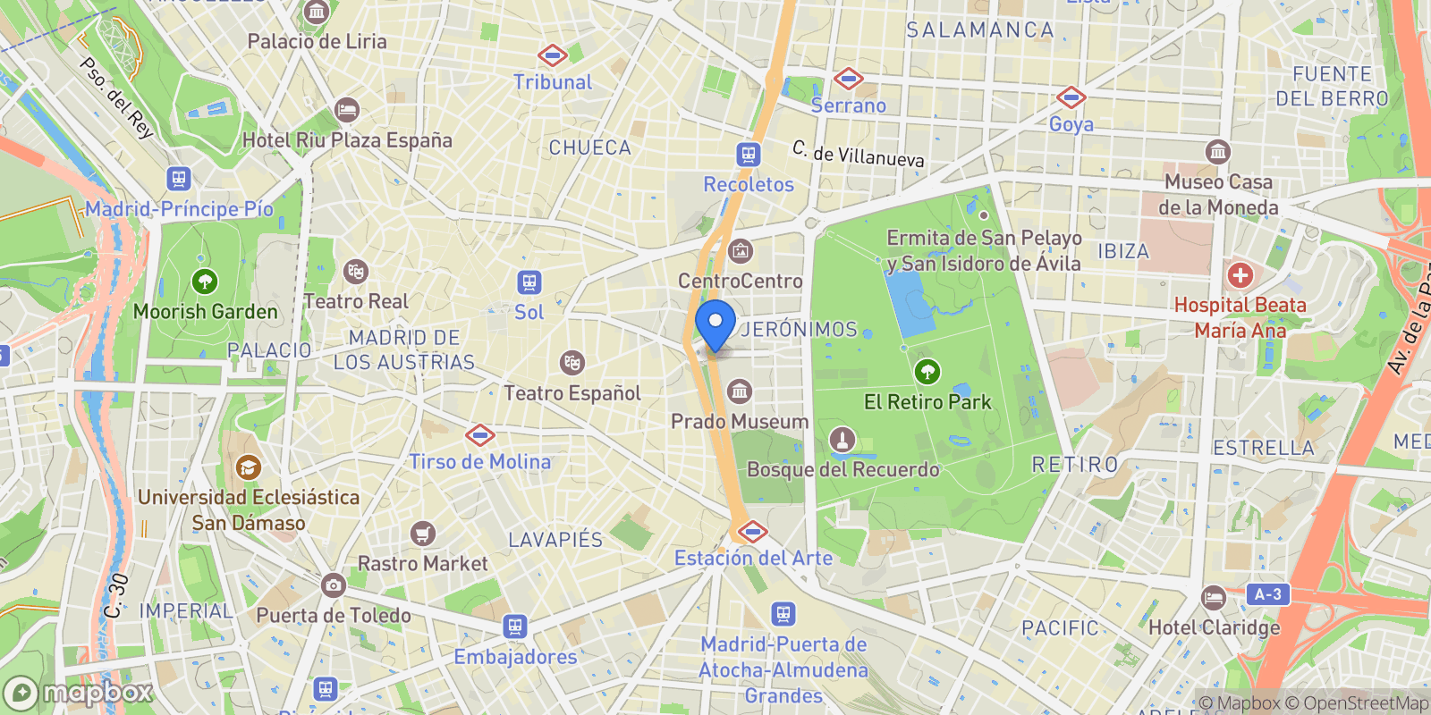 Map showing Jerónimos, Retiro, Madrid, Spain, Retiro, Madrid, Spain.