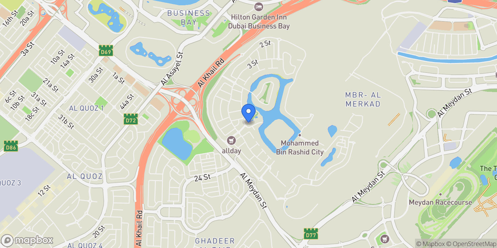 Map showing District One, Mohammed Bin Rashid City, Dubai, Dubai, United Arab Emirates.