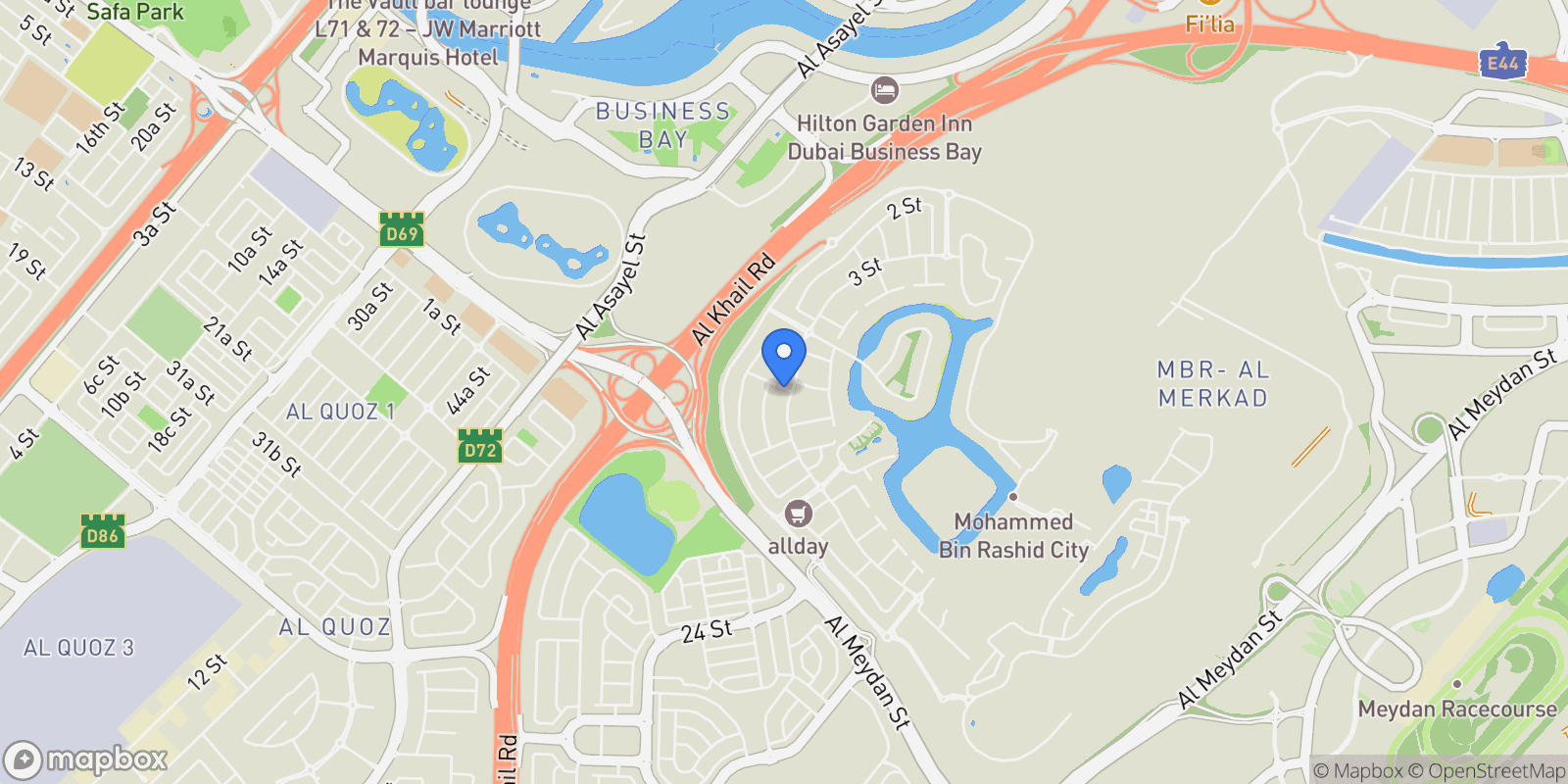 Map showing District One, Mohammed Bin Rashid City, Dubai, Dubai, United Arab Emirates.