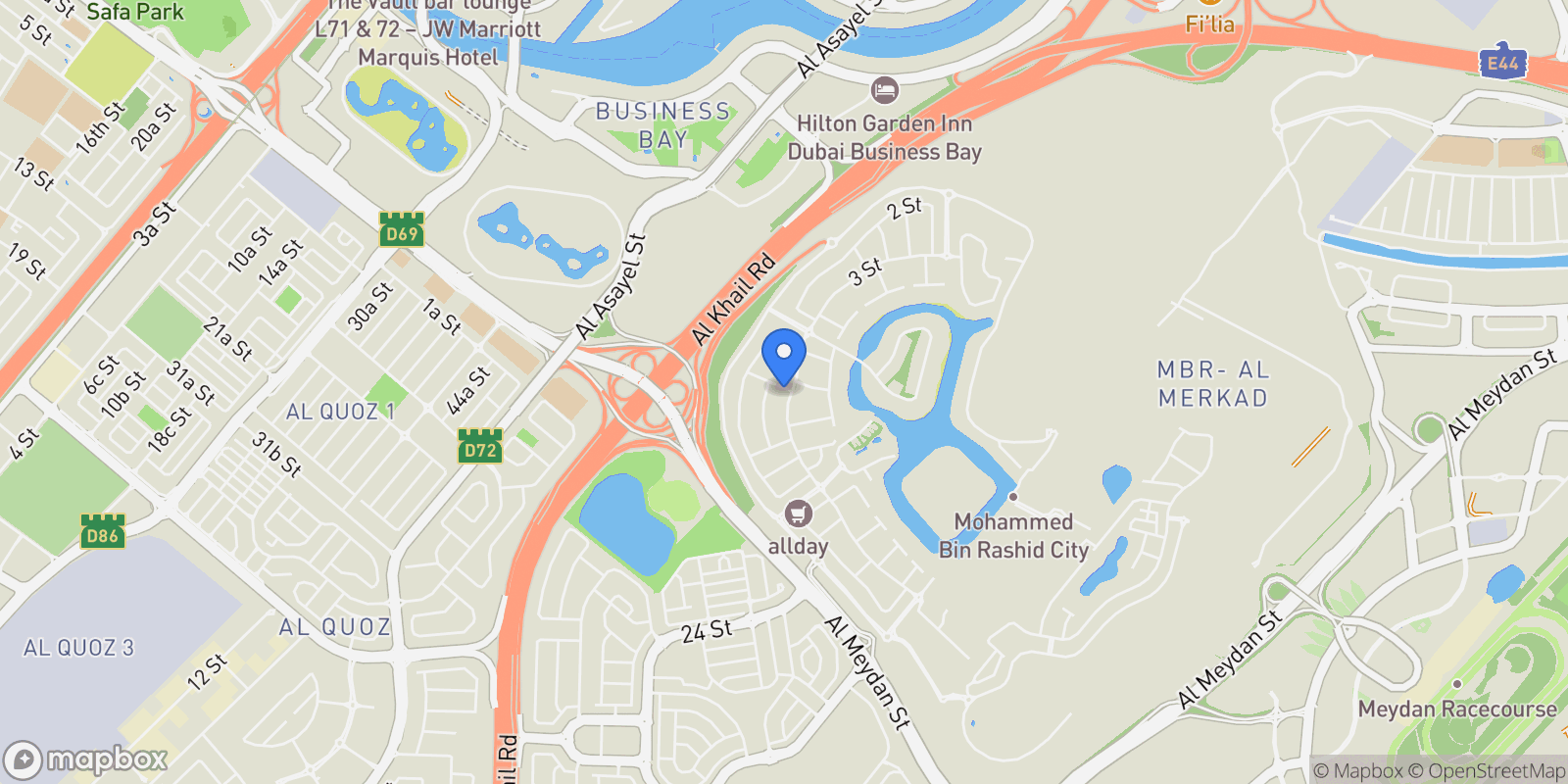 Map showing District One, Mohammed Bin Rashid City, Dubai, Dubai, United Arab Emirates.