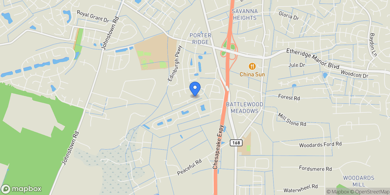 Map showing 127 Greengable Way, Chesapeake, Virginia, United States.