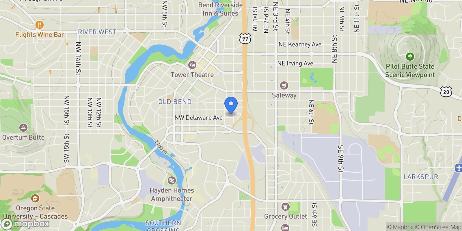 Map showing 114 NW Delaware Avenue, Bend, Oregon, United States.