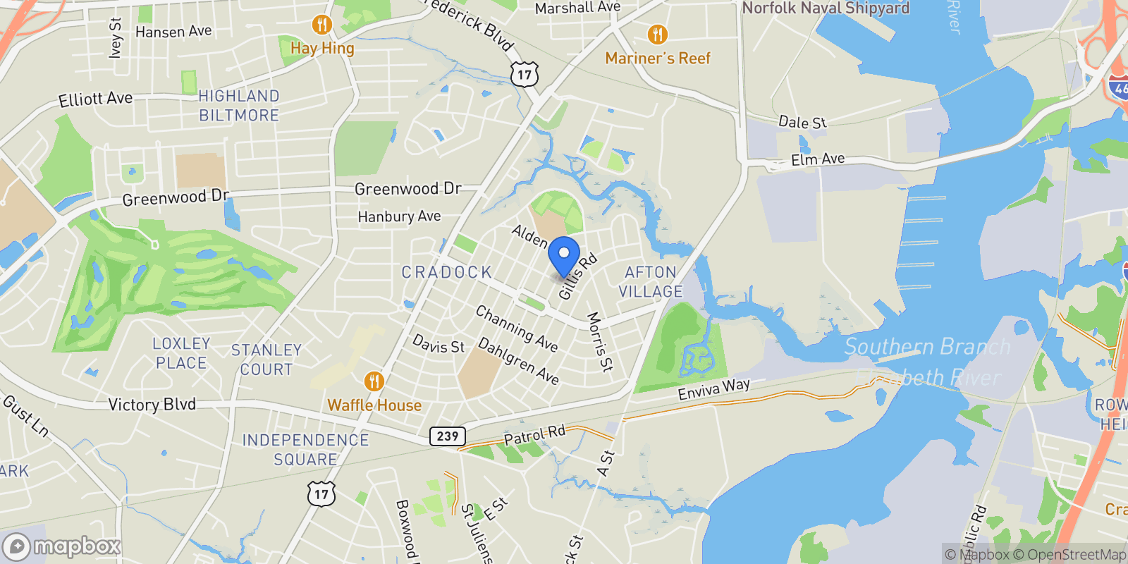 Map showing 37 Farragut Street, Portsmouth, Virginia, United States.