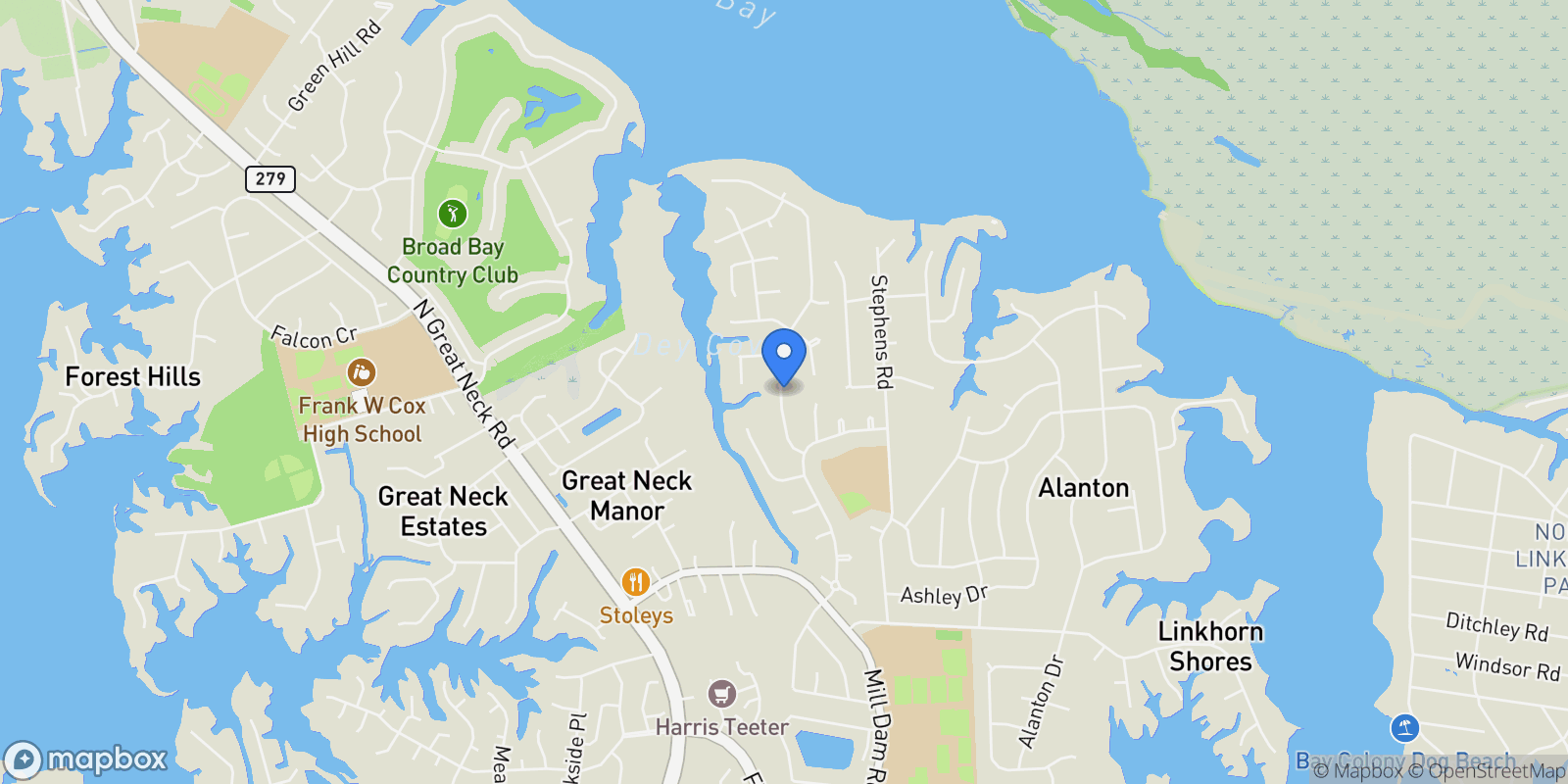Map showing 1529 Bay Point Drive, Virginia Beach, Virginia, United States.