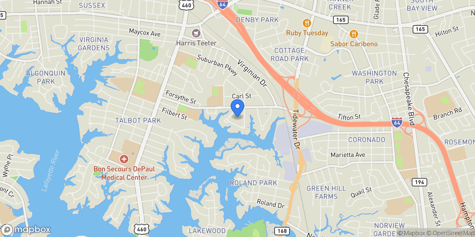 Map showing 7006 Kirby Crescent, Norfolk, Virginia, United States.