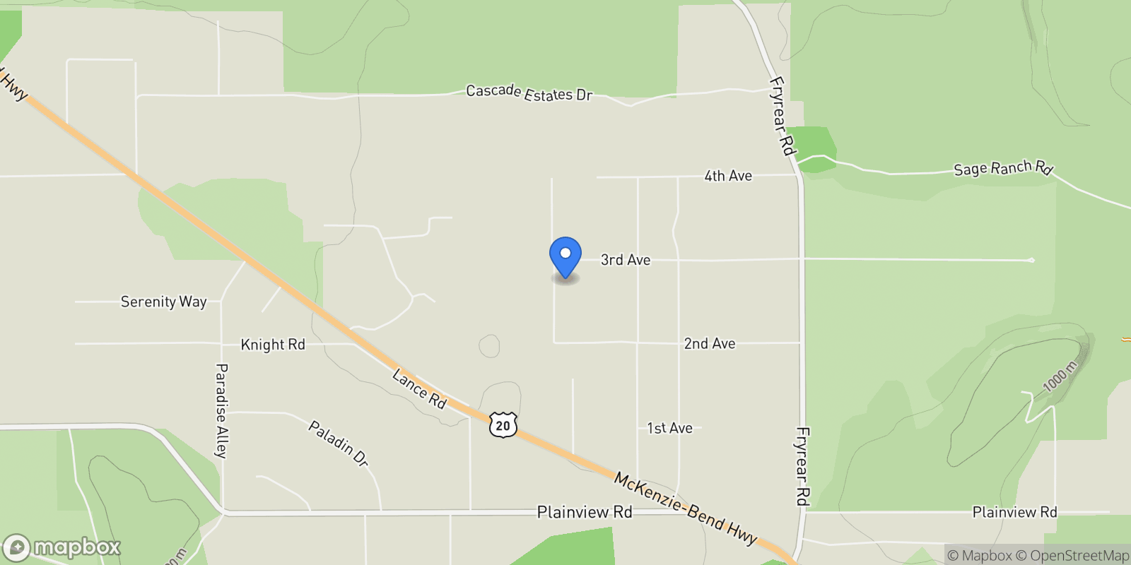 Map showing 67076 Sunburst Street, Bend, Oregon, United States.