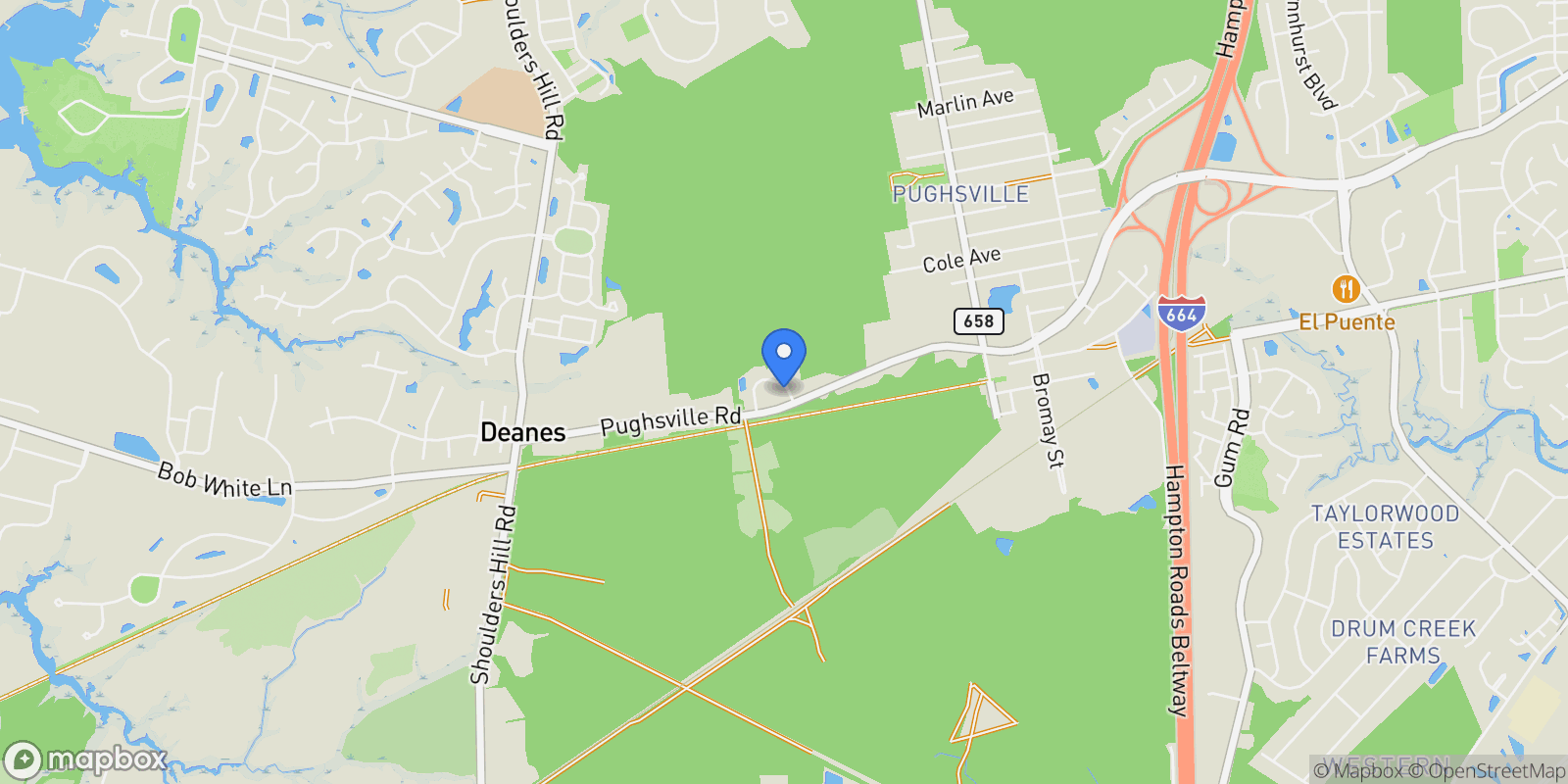 Map showing 4020 Pughsville Road, Suffolk, Virginia, United States.
