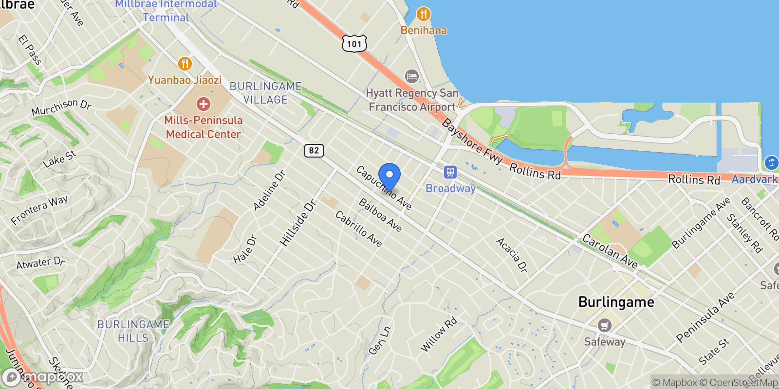 Map showing 1237 Capuchino Avenue, Burlingame, California, United States.