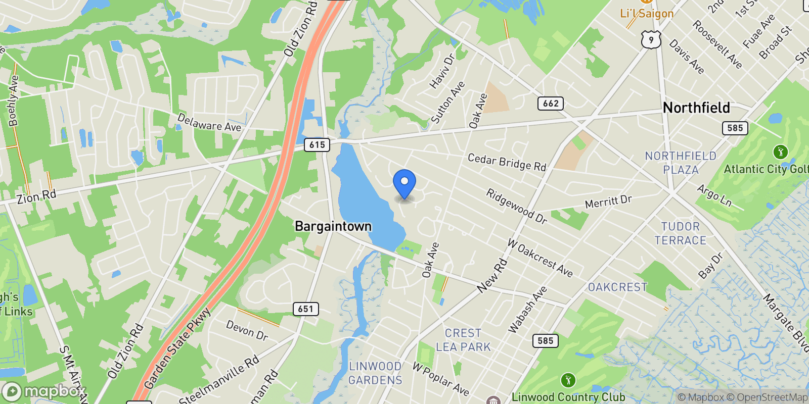 Map showing 1 Mill Ln, Linwood, NJ 08221, Linwood, New Jersey, United States.