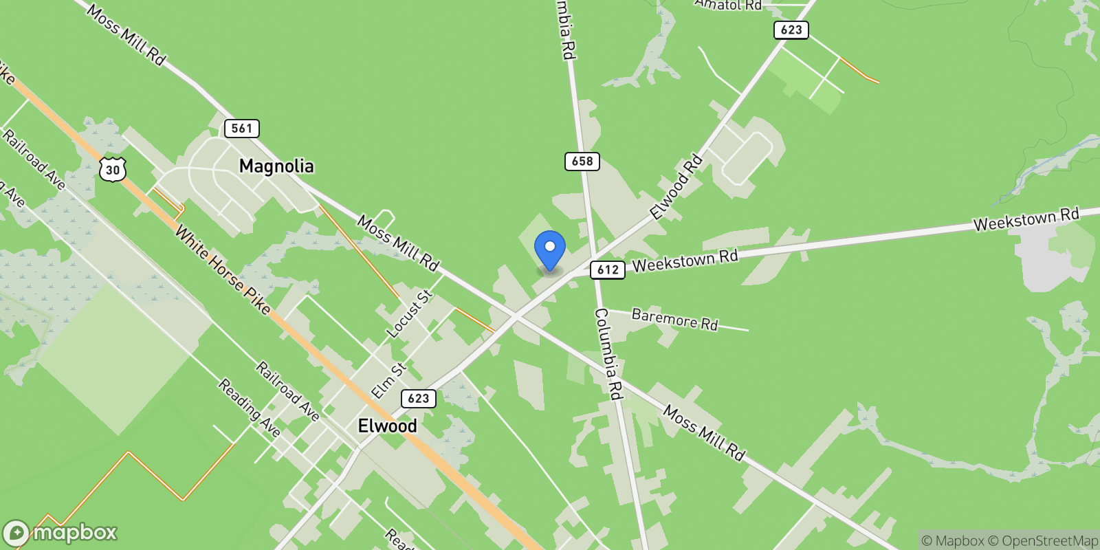 Map showing 900 Elwood Road, Mullica Township, NJ 08037, Hammonton, New Jersey, United States.