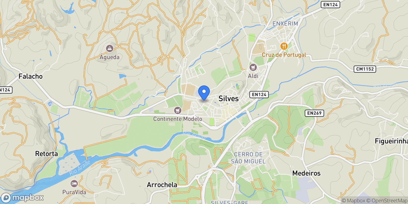 Map showing Silves, Silves, Faro, Silves, Silves, Algarve, Portugal.