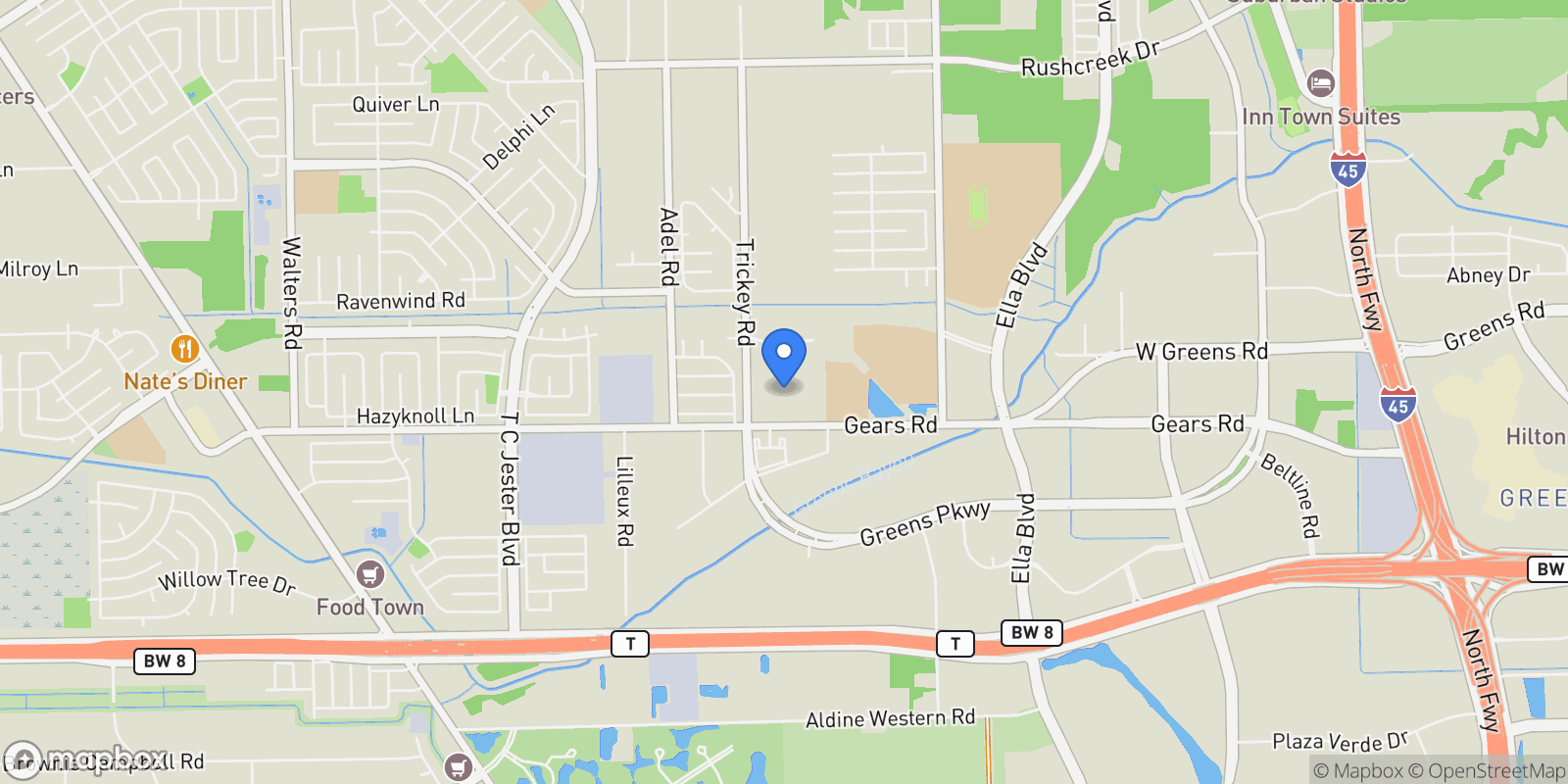 Map showing 1416 Gears Road, Houston, TX 77067, Houston, Texas, United States.