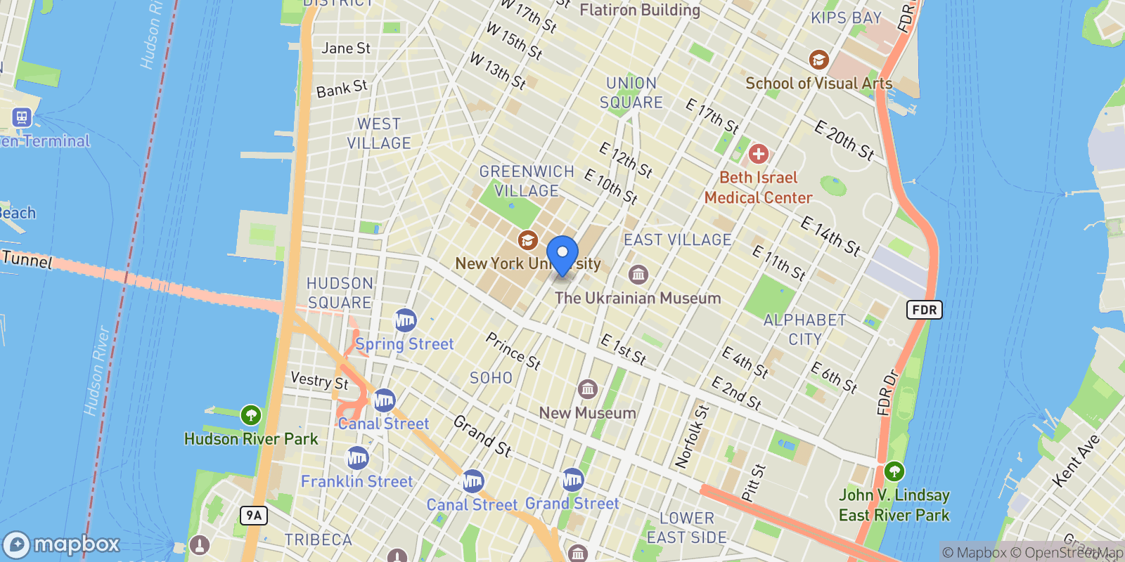 Map showing 1 GREAT JONES ALY, New York, New York, United States.