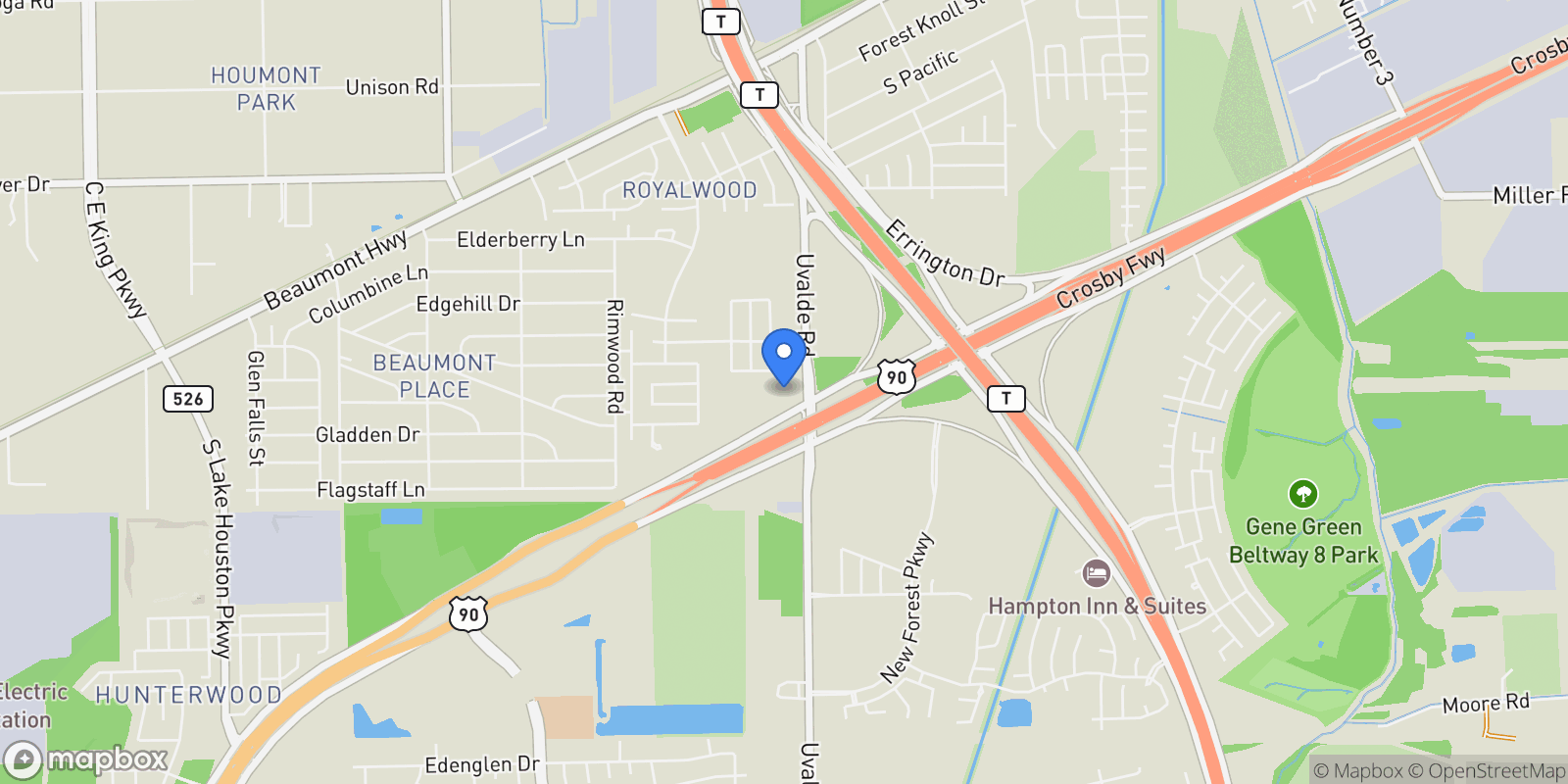 Map showing 0000 Uvalde Road, Houston, TX 77049, Houston, Texas, United States.