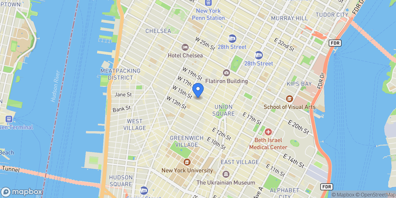 Map showing 35Xv, 35 W 15TH ST, New York, New York, United States.