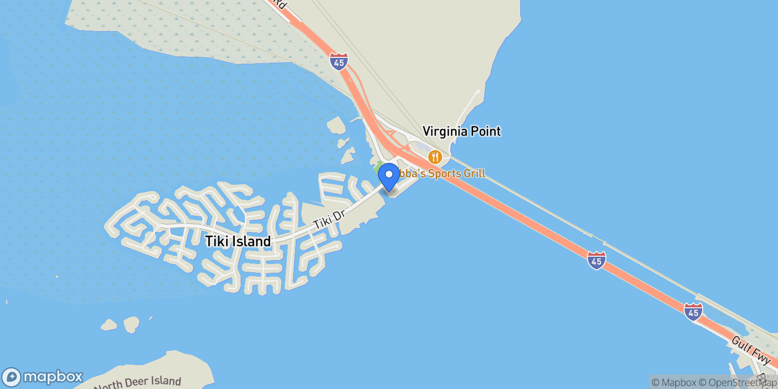 Map showing 431 Hana Drive, Tiki Island, TX 77554, Galveston, Texas, United States.