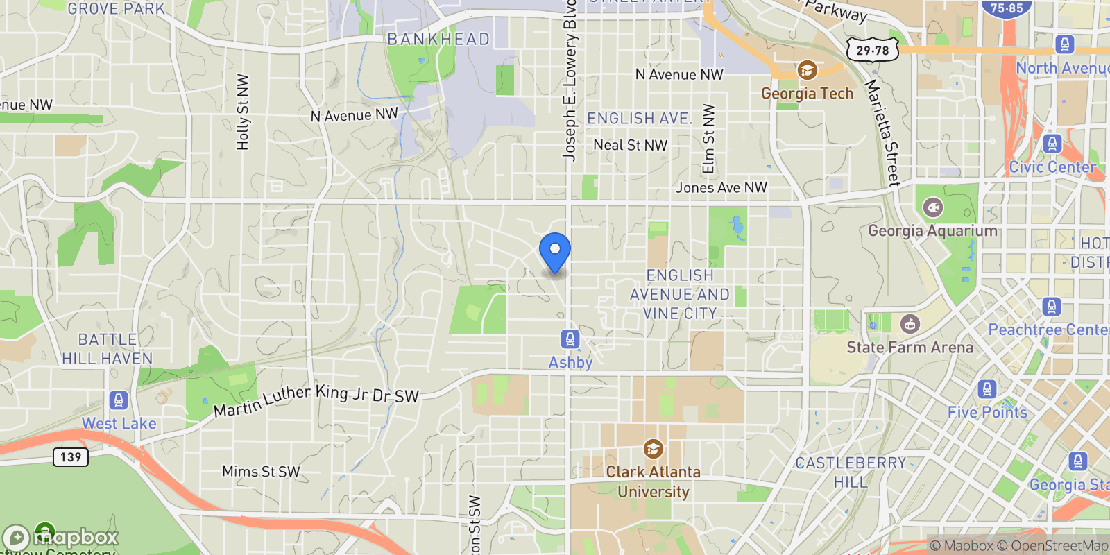 Map showing 973 Mayson Turner Road NW, Atlanta, Georgia, United States.
