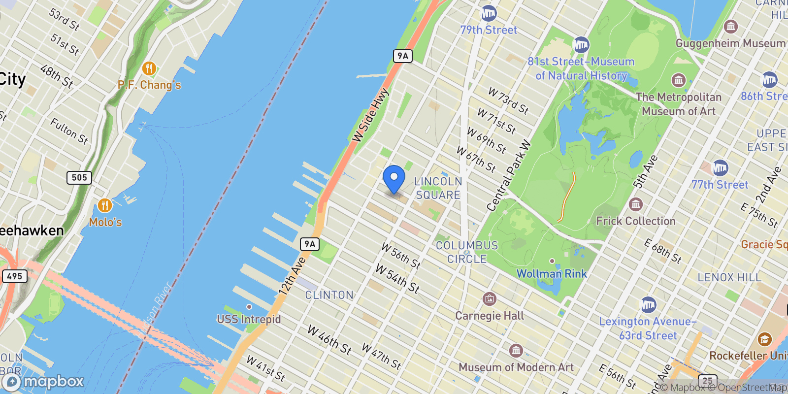 Map showing The Hudson, 225 W 60TH ST, New York, New York, United States.
