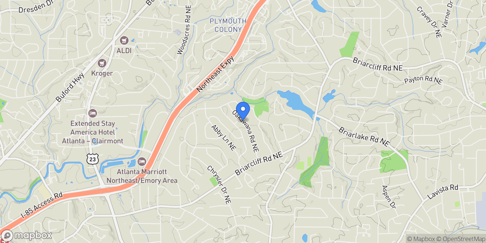 Map showing 2198 Oakawana Drive NE, Atlanta, Georgia, United States.