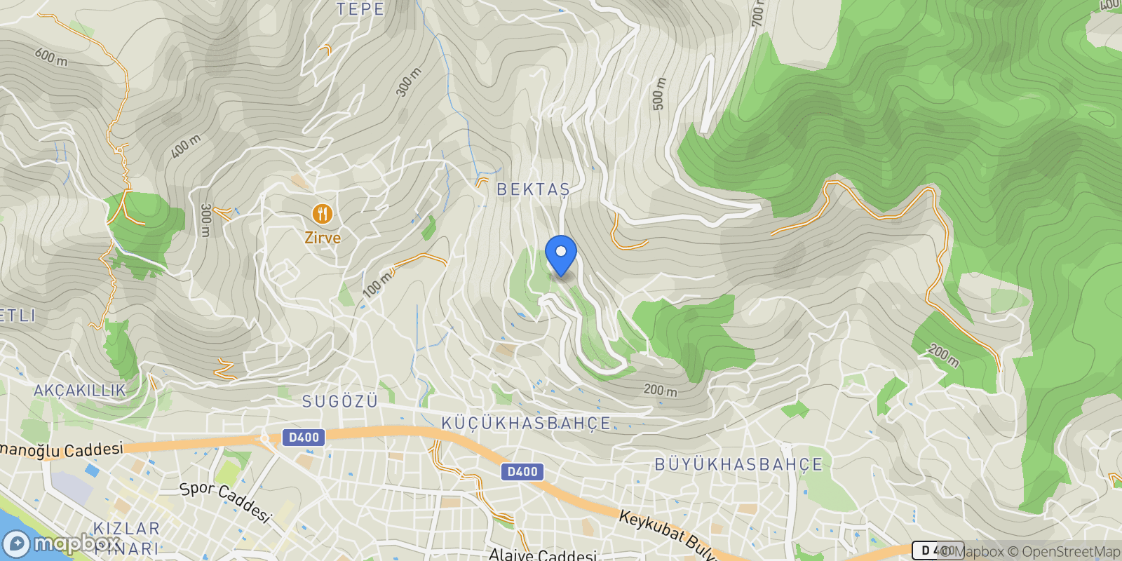 Map showing Bektaş, 114. Sk. No:9, 07400 Alanya/Antalya, Türkiye, Antalya, Turkey.
