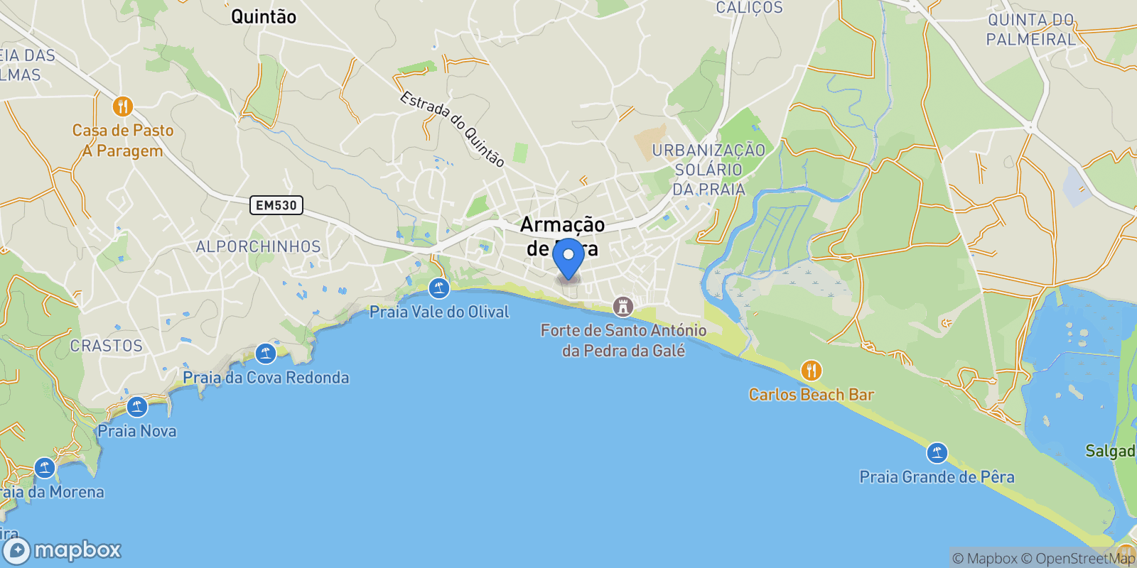 Map showing Rua das Caravelas, Edf. Descobrir o Mar, Armacao de Pera, Algarve, Portugal.