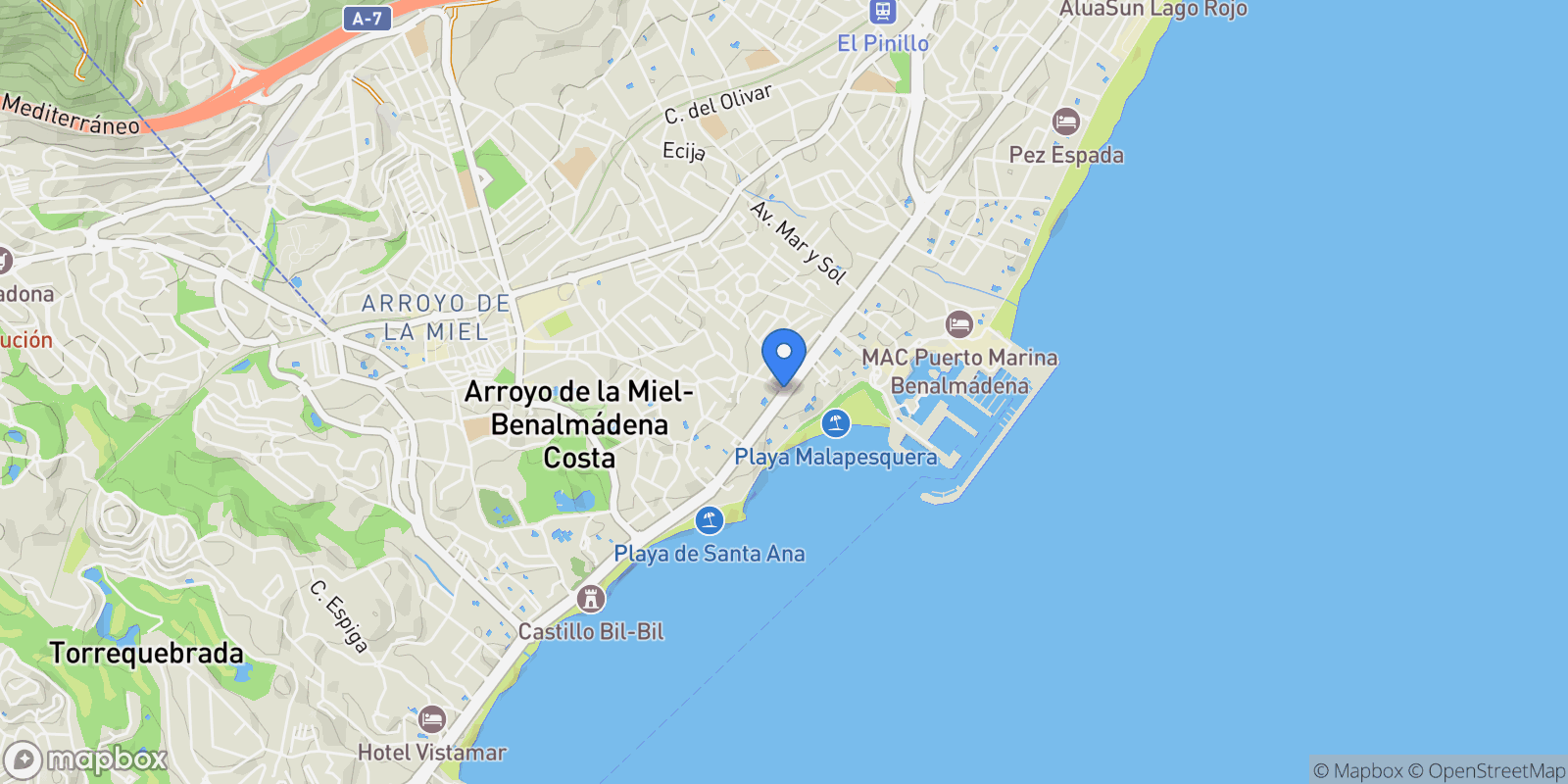 Map showing Benalmadena, Málaga, Benalmadena, Benalmadena, Andalusia, Spain.