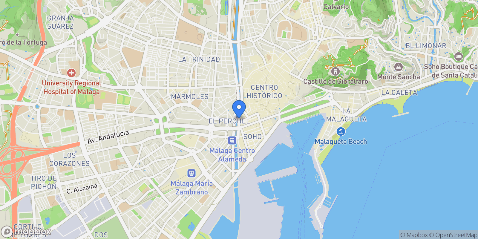 Map showing The Golden Mile, Málaga, The Golden Mile, Centro, Malaga, Spain.