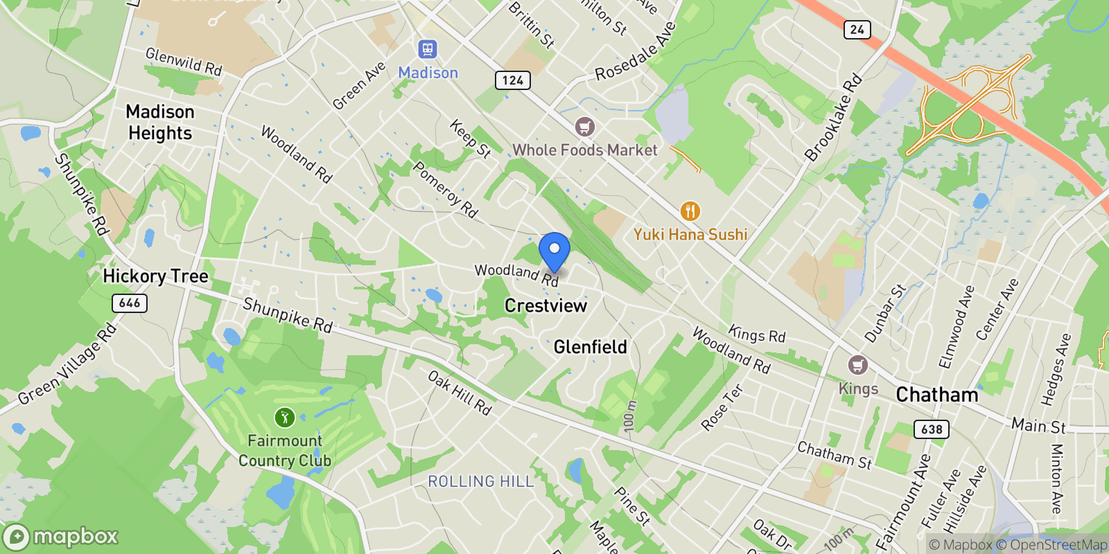 Map showing 91 Woodland Road, Madison, New Jersey, United States.
