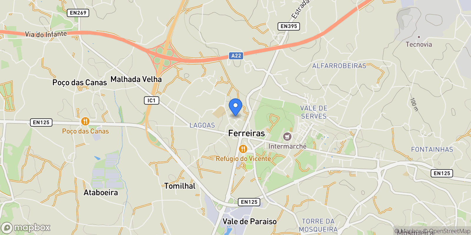 Map showing Ferreiras, Algarve, Portugal.
