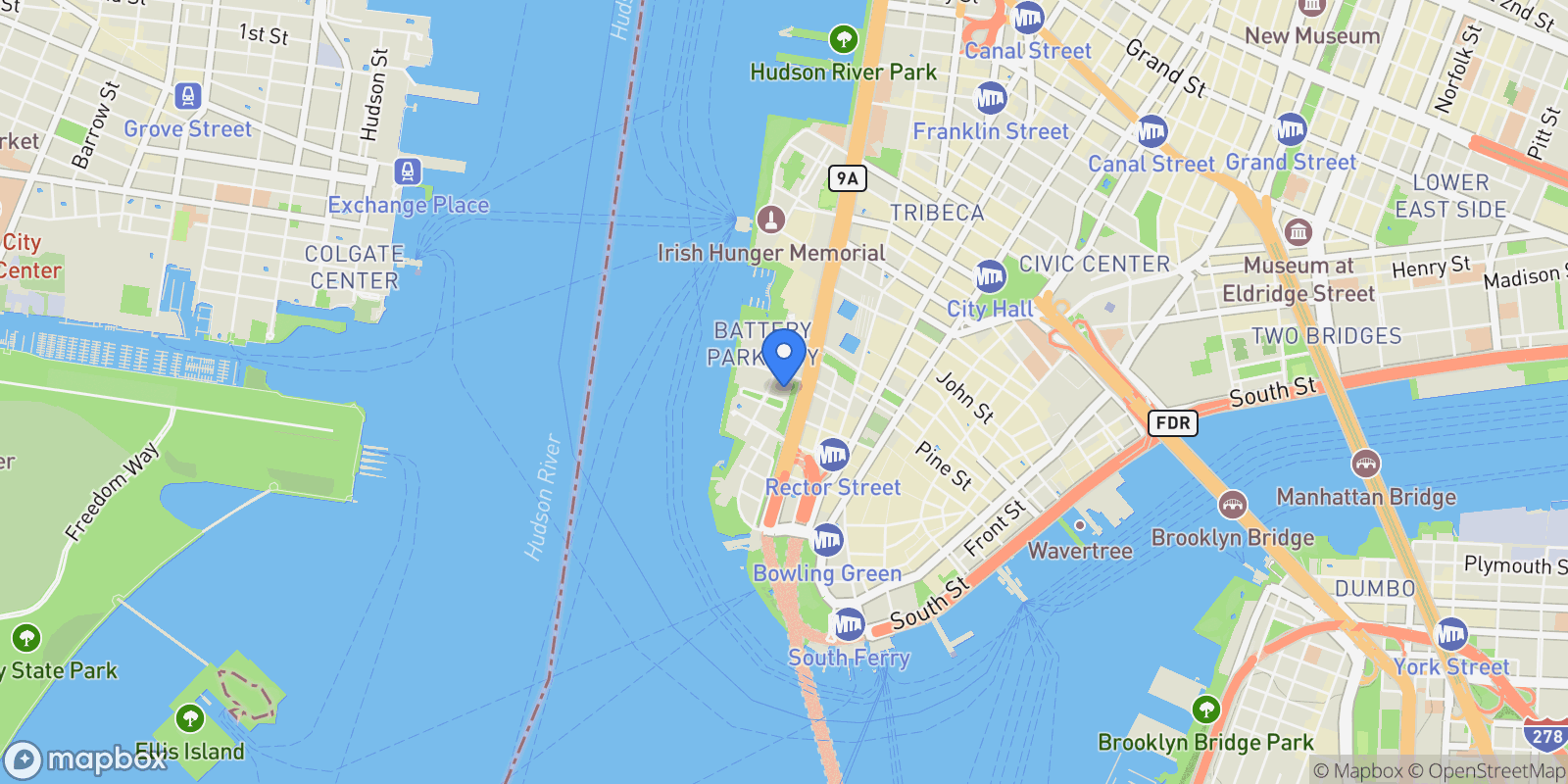 Map showing 225 RECTOR PL, New York, New York, United States.