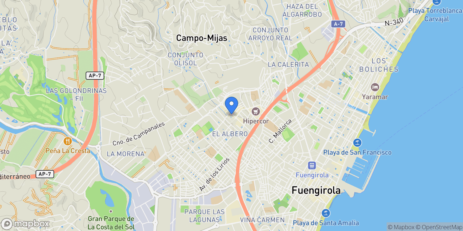 Map showing Mijas Costa, Málaga, Mijas Costa, Las Lagunas de Mijas, Mijas, Spain.