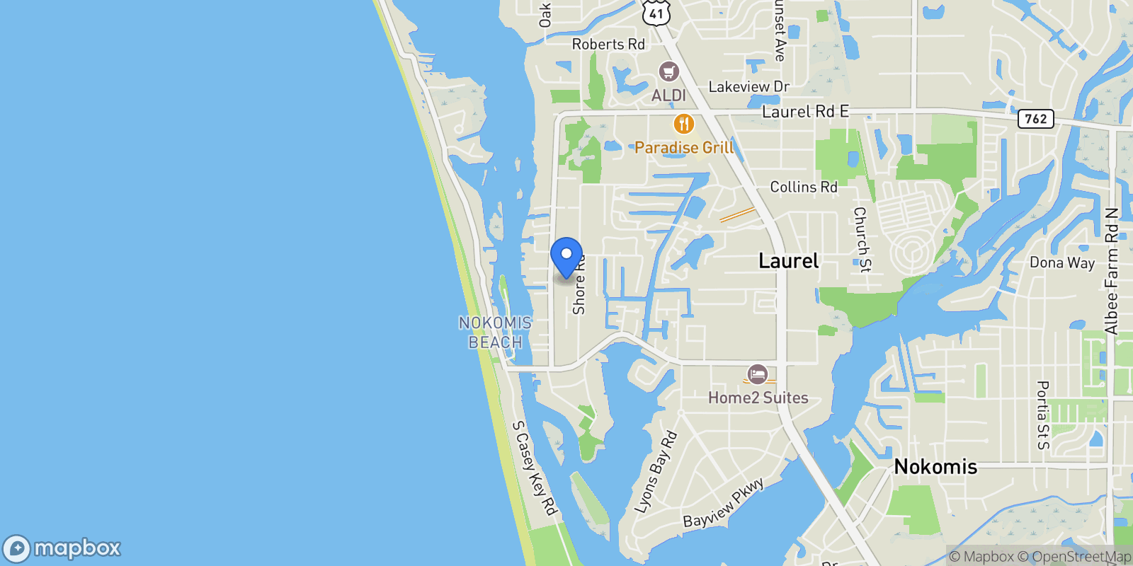 Map showing 401 Shore Road, Venice, Florida, United States.