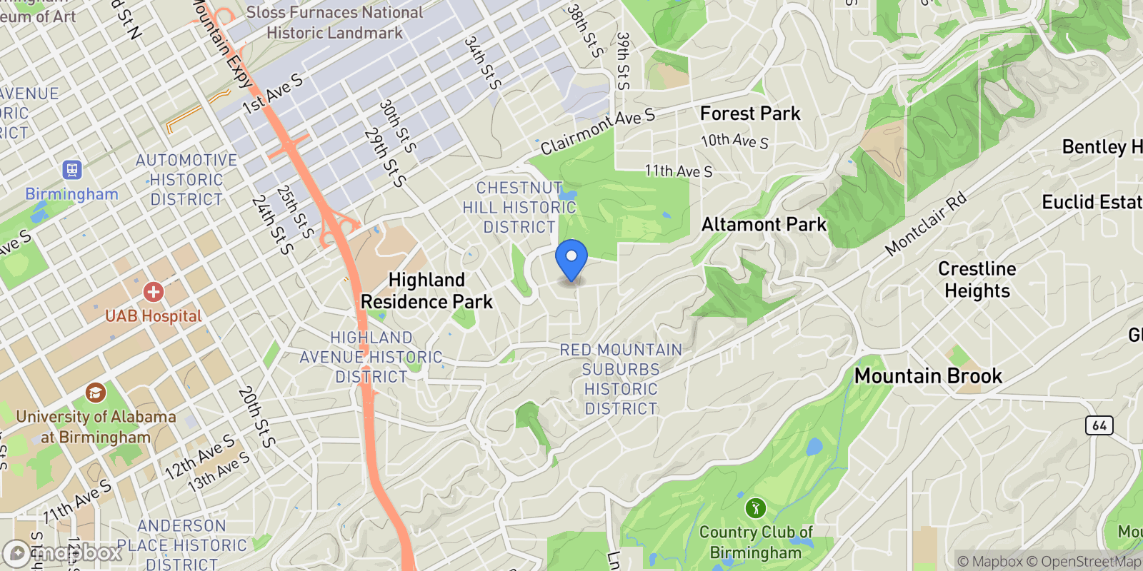 Map showing 1260 33rd Street South, Birmingham, AL 35205, Birmingham, Alabama, United States.
