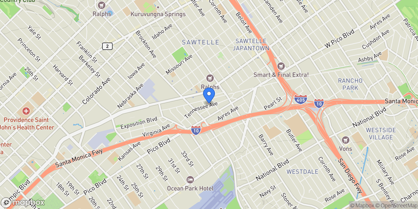 Map showing 11825 Tennessee Avenue, Los Angeles, California, United States.