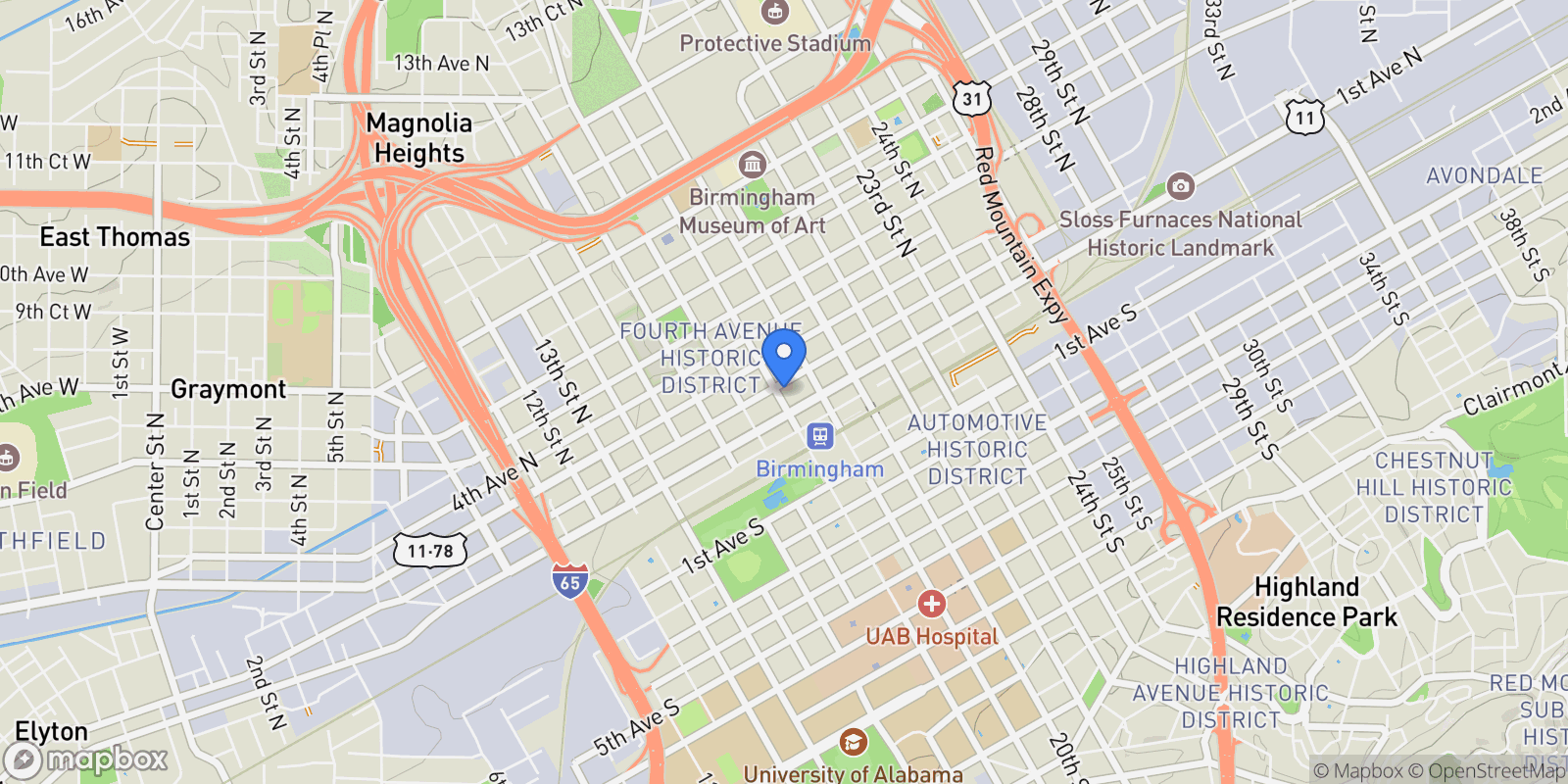 Map showing 1801 2nd Avenue North #415, Birmingham, AL 35203, Birmingham, Alabama, United States.