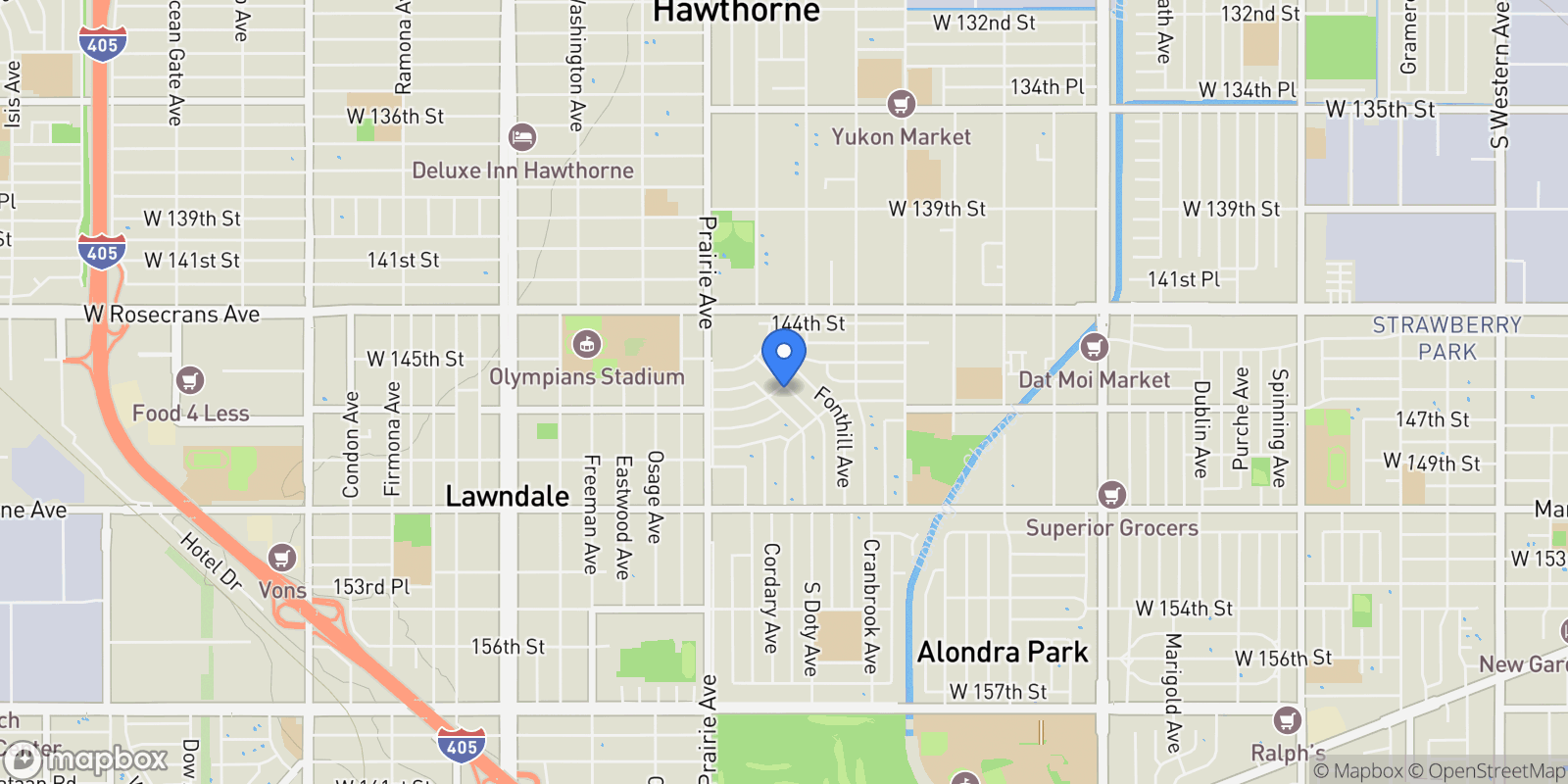 Map showing 14709 Bodger Avenue, Hawthorne, California, United States.