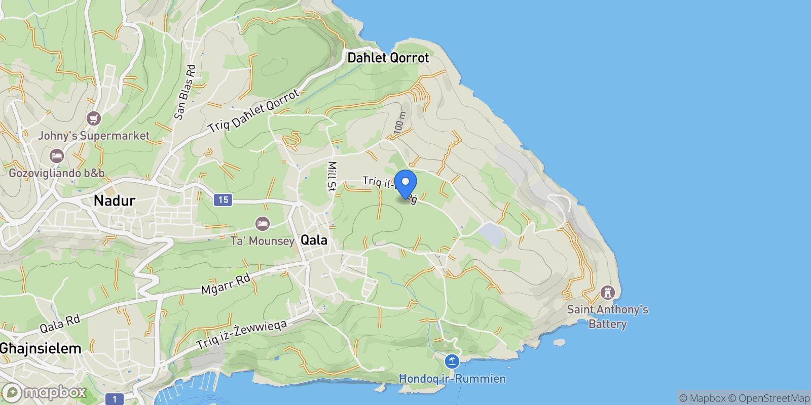 Map showing Qala main square, Gozo, Qala, Malta.