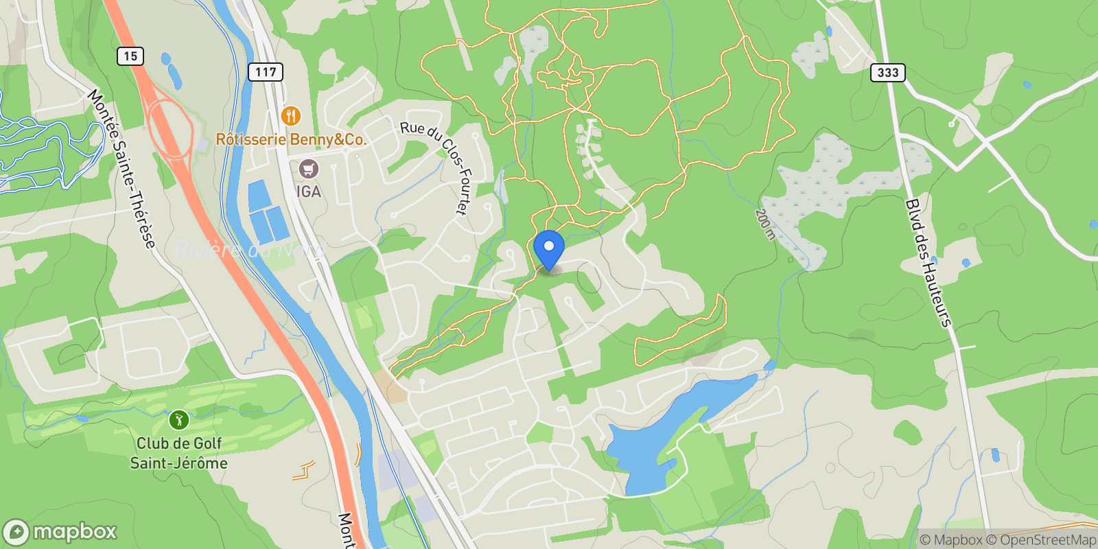 Map showing 402 Rue du Clos-du-Meunier, Prévost, Quebec, Canada.