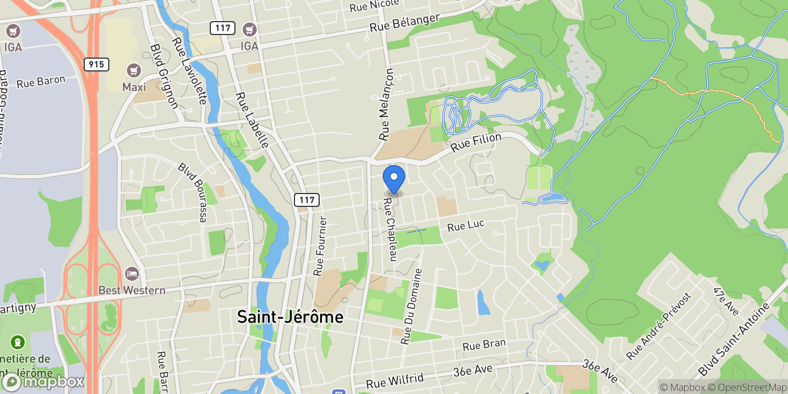 Map showing 493 499 Rue Léopold-Nantel, Saint-Jérôme, Quebec, Canada.